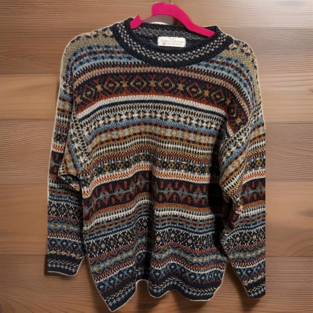 Marks & Spencer Pure Wool Argyle‎ Unisex Sweater Sz 38-40 M St. Michael *flaw*